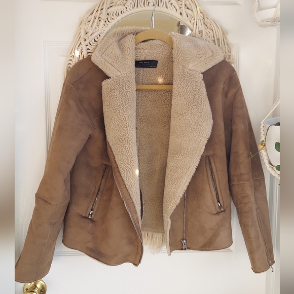 Zara Brown Moto Faux Suede Jacket with Cream Lining - Picture 2 of 9